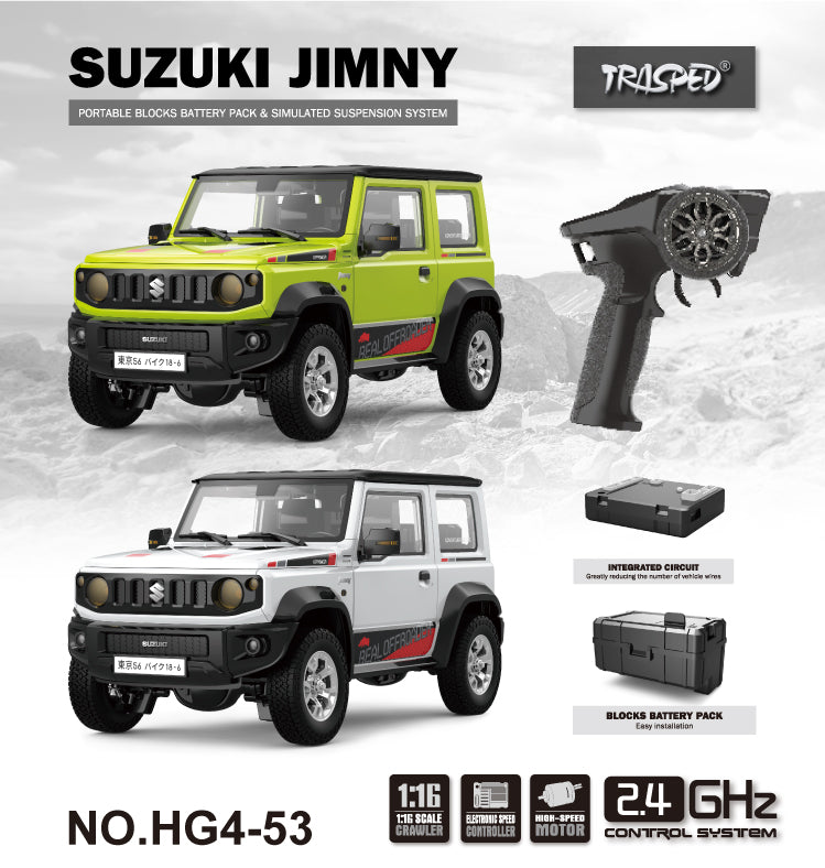 HG HG4-53 TRASPED 1/16 2.4G 4WD RC Car for SUZUKI JIMNY Rock Crawler LED Light Simulated Sound Off-Road Climbing Truck RTR Full Proportional Models Toys Green